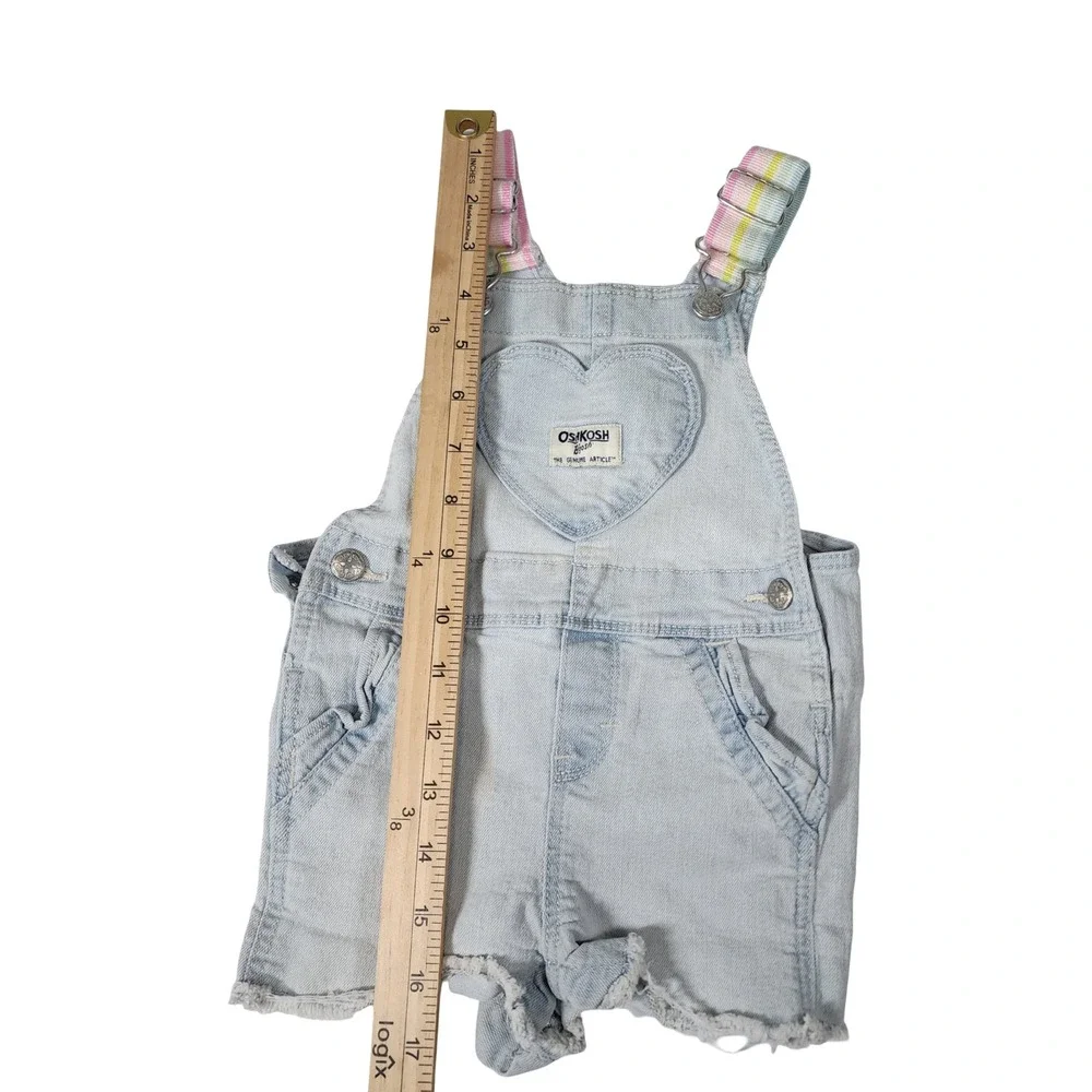 OshKosh Bgosh Kids Light Wash Heart Bib Denim Shortalls Rainbow Straps 18M